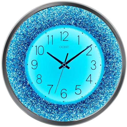 OCEST 30 cm Wanduhr mit Kristall-Dekor Nachtlicht Geräuschlos Blau | Batteriebetrieben, Geräuschsensor, LED-Nachtlicht, Kristall-Dekor, Für Schlafzimmer Badezimmer Wohnzimmer Küche