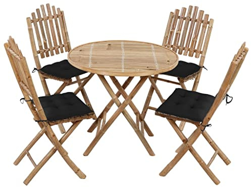 Kaloriko Salon de jardin 5 pièces avec coussins, pliable, en bambou, imperméable, pour balcon et terrasse, 4 chaises, table ronde, 80 x 70 cm, noir
