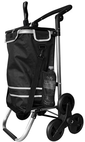 Faltbarer Aluminium Einkaufstrolley 57L (48L + 9L Kühlfach) Schwarz, 50kg Traglast, 35x45x98cm, Eva Treppenräder Ø32cm, Klappbar, Als Sackkarre & Umhängetasche nutzbar, Einkaufswagen Haken