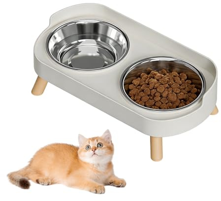 2 i 1-uppsättning kattmatskålar - Dubbel upphöjd mat- och vattenskål i rostfritt stål - Antislida matskålar med fot - Perfekt accessoar för ergonomisk utfodring