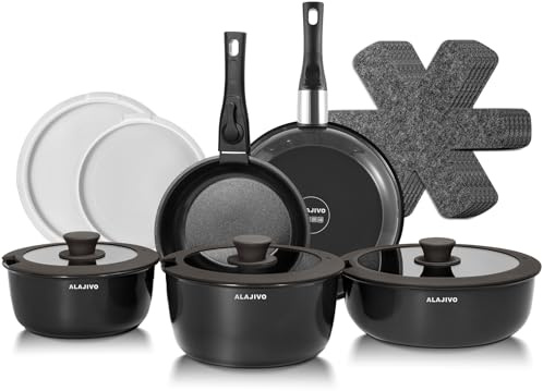 Non Stick Pots and Pans Set 17 Piece, Induction Hob Pan Set with Removable Handle, Kitchen Stackable Ceramic Cookware Sets, Frying Pan Saucepan Saute Pan with Lids, Suitable for All Hob Types