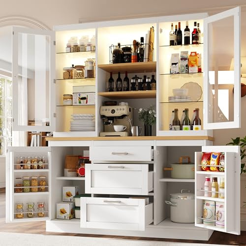 Lahoomu Küchenschrank mit App-gesteuerter LED-Beleuchtung, 185x140x40cm Weiß, 3 Schubladen, Arbeitsplatte, verstellbare Böden