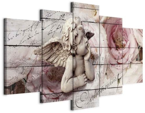 B&D XXL - Wandbilder XXL Engel Vintage 100x50cm 5 tlg - Wand Deko Leinwand Bilder Groß Wanddeko Wohnzimmer Schlafzimmer Kunstdrucke - Retro Holzoptik Blumen b-C-0051-b-m