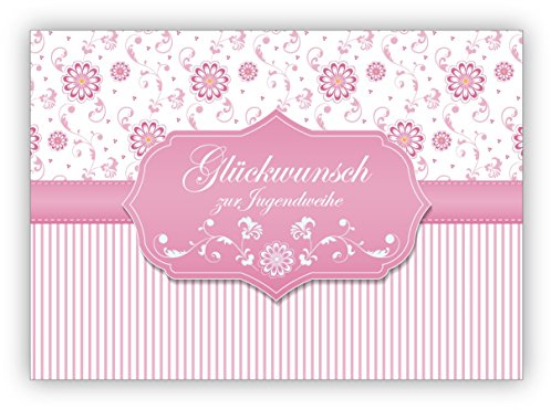 Im 16er Set privat & gewerblich: Rosa nette Grußkarte als Gratulation des Teenagers mit Blümchen und Streifen: Glückwunsch zur Jugendweihe • lustige Grußkarte mit Umschlag, hochwertig und schön