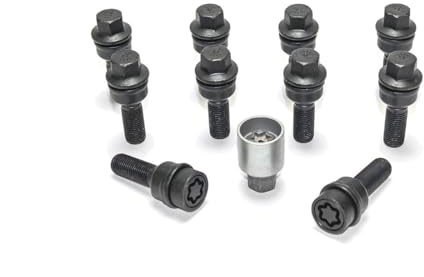 H&R Radschrauben Satz Kugelbund mit bewegliche Kugelbund R14 M14x1.50 - Länge 50mm - Schwarz - 10 Stück (z.B. kompatibel mit Audi Q3, Q5) - inkl. Felgenschloss