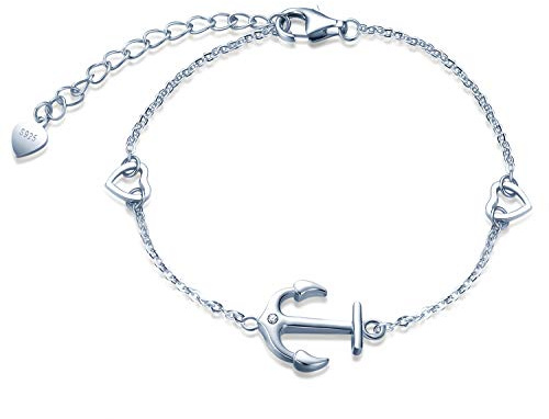 MicLee Damarmband zirkonia 925 sterlingsilver allergenfritt ankare armband två hjärtan armband charm armband, 15 cm, Sterlingsilver sten zirkonium silver, Cubic Zirconia