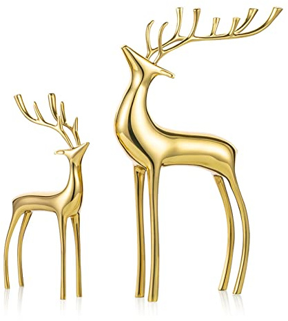 Sziqiqi Rentier Tier Figur Skulpturen Statuen Set von 2, Metall Hirsch Ornamente für Wohnkultur Akzente Wohnzimmer Schlafzimmer Büro Bookself Tischplatte Mantel Weihnachtsdekoration, Gold