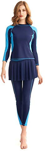 TianMaiGeLun Damen Ganzkörper Badeanzug Langarm Langbein Badebekleidung mit Schwimmrock Set Rash Guard (Blue, XL)