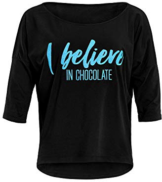 Winshape Damen Ultra leichtes Modal-3/4-Arm Shirt MCS001 mit Neon blauem „I Believe in Chocolate” Glitzer-Aufdruck, Camisa de Yoga Mujer, Schwarz-Neon-Blau-Glitzer, XS