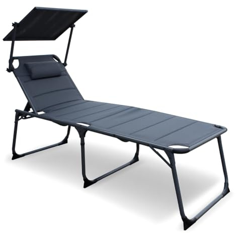 QMBasic XXL SONNENLIEGE gepolstert 48 cm KOMFORTHÖHE mit Sonnendach und Kissen Alu Dreibeinliege Gartenliege klappbar (Anthracite)