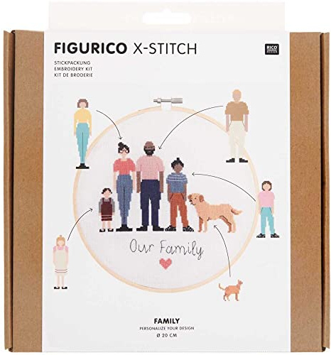 Stickpackung Figurico Family: Inhalt (ausreichend für 1 Bild): Stickring 20 cm, Zählstoff Aida weiß 100% Baumwolle 6, 4St./cm Stickgarn 100% Baumwolle, Nadel, Anleitung