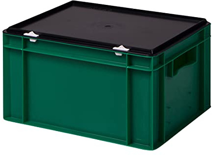 Stabil professionell förvaringslåda, stapellåda, eurolåda, stapellåda med lock, plastlåda, finns i 5 färger och 21 storlekar för industri, affärer, hushåll (grön, 40 x 30 x 22 cm)