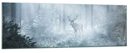 Panorama Bilder auf Glas 160x50cm Glasbild Hirsch Wald Morgendämmerung Groß XXL Wanddeko Bild im Glas Schlafzimmer Küche Wandbilder Dekoration Wohnzimmer Modern Wand Kunstdruck Art GAB160x50-4667