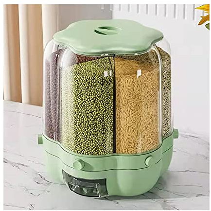 Grain Dispenser Rice Bucket Dispenser 6 Compartments 360° Rotating Multigrain Storage Tank,Rice and Grain Storage Container, One-Click Output Grain,Snack,Candy,Coffee Bean,Green,A1 (Light Green A1)