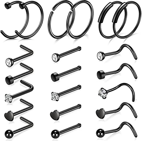 KnSam 20G Nasenpiercing Ring Dünn, Kugel Herz Hoop L Schwarz Nase Piercing für Frauen in Edelstahl, Ohr Nasen Piercingschmuck, 21pcs