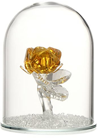 ORFOFE Crystal Rose Ornament in Yellow Glass Dome, Handmade Artificial Flower Figurine, Everlasting Flower Decoration for Wedding and Valentine's Day