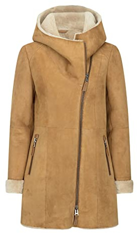 TruClothing.com Damen 3/4 Mitte Länge echte Schaffell Kamel Creme Vintage Toscana Kapuze Mantel - Kamel S