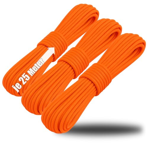 COM-FOUR® 3x paracordsnöre Ø 4 mm, 25 m - rep med 7 kärntrådar för båt, camping, utomhus - nylonrep med 250 kg lastkapacitet - tältrep, grenrep, universalrep (3 stycken - apelsin)