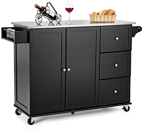 GIANTEX Küchenwagen mit Edelstahlplatte, Küchenschrank mit Rollen, bewegliche Kücheninsel mit 3 Schubladen & Verstellbaren Ablagen, Servierwagen Rollwagen Holz, Küchentrolley 135x45,5x91,5cm (Schwarz)