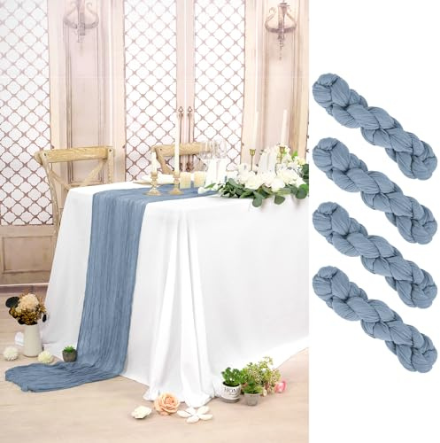 Pesonlook 4 Stück Käsetuch Tischläufer Staubblau Lang, 90 x 300 cm | 3 m lang, Rustikaler Gaze Stoff Boho halbtransparent Hochzeits Seihtuch Tischläufer für Hochzeit, Party, Brautparty，Bankett