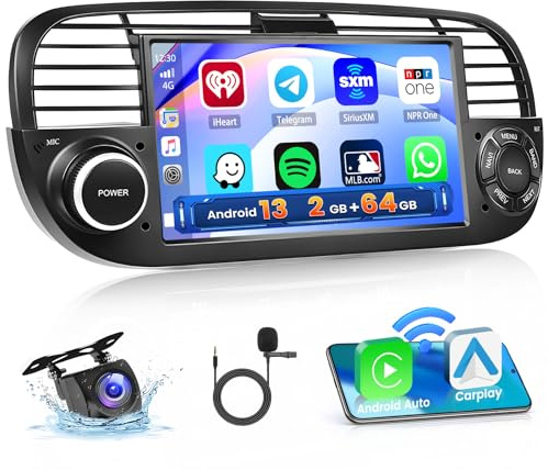 Hikity 2+64G 7 Autoradio Android pour Fiat 500 2007-2015 Wireless CarPlay | Écran Tactile GPS Navi Bluetooth WiFi FM/RDS Caméra de Recul EQ Mirror Link 2+64G