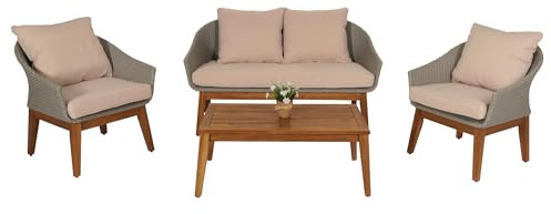 Mendler Gartengarnitur HWC-N37 Poly-Rattan - grau, Kissen beige | Garten-/Lounge-Set, Sofa, Sitzgruppe, Holz, Akazie