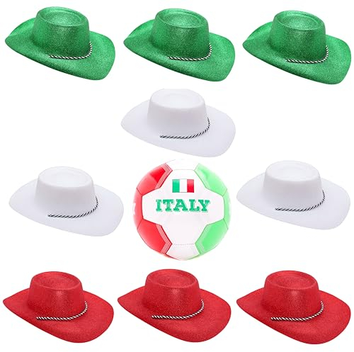 Toyland® Italien-Themen-Fußballpaket – 1 x Fußball (8LBS/Größe 5) und 9 glitzernde Cowboyhüte – 3 grün, 3 rot und 3 weiß (34 cm/13) – perfekt für EM, Weltmeisterschaft und Festivals