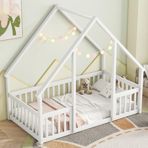 Bellemave Twin Floor Bed for Kids, Girls, Boys, Wood House Bed Frame, House Floor Bed for Kids, Twin Size Montessori Floor Bed with Fence, Playhouse, White