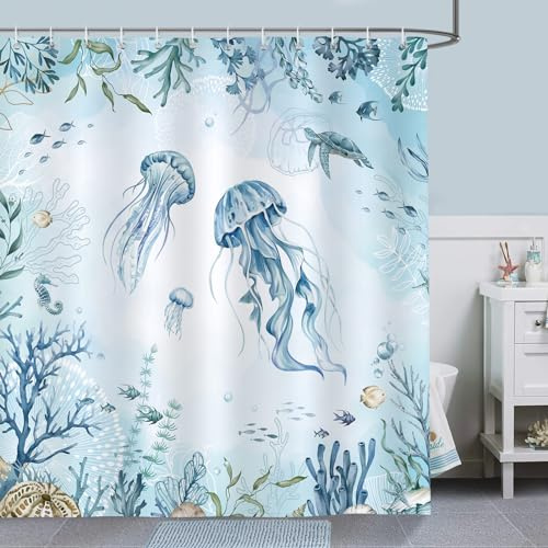 Bonhause duschdraperi Maneter blått ocean havssköldpadda strandkust duschdraperier 180 x 180 cm. Antimögel duschdraperi med vattentät polyester. Tvättbart antimögel duschdraperi för badrum med 12