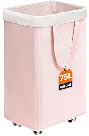 CHICVITA Slim Laundry Hamper with Wheels 75L, Collapsible Rolling Laundry Basket for Living Room, Pink Laundry Hamper for College Dorm