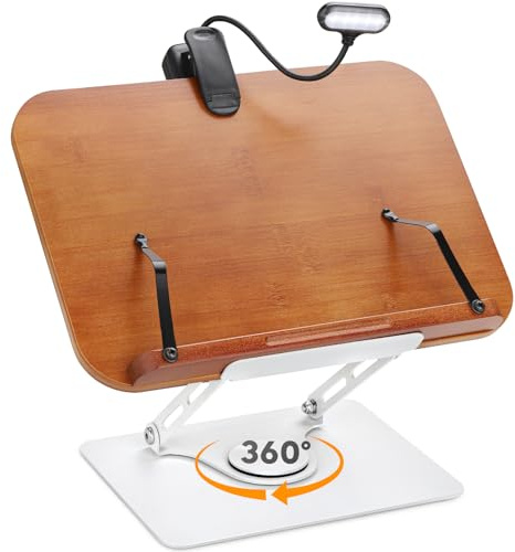 Buchständer, Buchhalter zum Lesen, freihändig, verstellbarer Buchhalter mit Buchlicht, um 360 ° drehbarer Sockel, faltbarer Desktop-Ständer, Kochbuchständer für Rezept, Notenblätter, Laptop