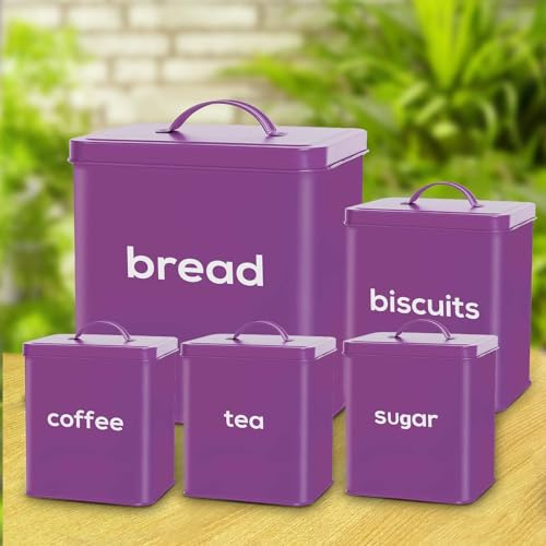 Crystals Purple 5-Piece Rectangular Bread Bin Set - Bread Bin, Tea, Coffee, Sugar & Biscuit Canisters - Modern Storage Containers