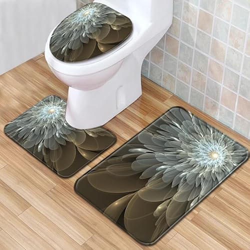 Bad Teppiche Set 3-Teiliges Elegante Graue Blumen WC Vorleger Mit Ausschnitt Badematte Saugfähig WC Deckelbezug Badvorleger rutschfest Waschbar Toilettensitzbezug Badgarnitur (50x80cm)