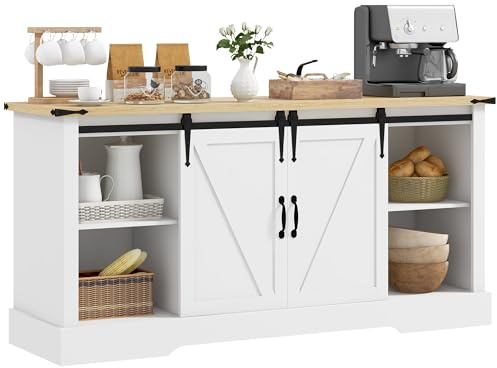 HOMCOM Credenza, mobile contenitore, con 2 ante scorrevoli, ripiani regolabili, per soggiorno, sala da pranzo, corridoio, 150L x 40D x 72H cm, legno, rovere bianco
