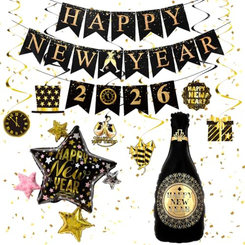 Silvester Deko 2026 XXL Set, Neujahr Silvesterdeko Schwarz Gold, Happy New Year 2026 Girlande, Folienballons, Spiral Deckendeko, Fotorequisiten Accessoire für Silvesterparty Dekoration Neujahrsdeko