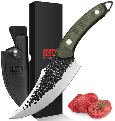 SHAN ZU Chef's Knife Hand Forged Kitchen Knives with Leather Sheath High Carbon Steel Cooking Knife Boning Knife and Full Tang G10 Waterproof Handle, Professional for Home, Camping, BBQ - Green