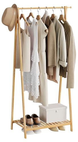 eSituro Kleiderständer, Garderobenständer Jackenständer, Garderobe mit Ablage, Regal mit Kleiderstange stabil, Standgarderobe für Mäntel Hemden Pullover, aus Bambus, 82x154,5x42 cm