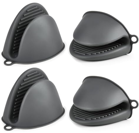 GEEKHOM Silikon Ofenhandschuhe, Hitzebeständige 220°C Anti-Rutsch Dehnbares Klemmschutz-Abdeckung für Backen/Grillen/Heißluftfritteuse, Familienfreundliche Küchenhelfer, 4er-Pack, Grau