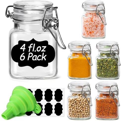 ComSaf 4 oz Glass Jars with Lid, Set of 6 Mini Airtight Glass Jars, Spice Jars, Small Mason Jar, Canning Jar Square with Seal Wire Clip Fastening, Labels & Funnels for Jam, Honey, Kitchen, Wedding