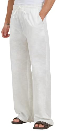Zylioo långa ben linnebyxor herr, extra långa lediga tygbyxor, strandbyxor, linnebyxor, sommar, lös passform, fritidsbyxor för semester, strand, vardag, Beige krämfärgad, M Tall