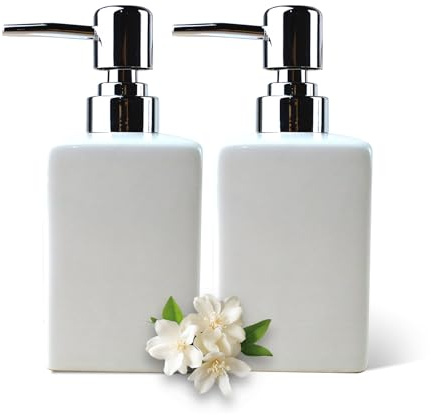 2Pcs Square Ceramic Soap & Lotion Dispenser Set, 320ml Refillable Pump Bottles, Countertop Hand Wash Dispenser for Kitchen, Bathroom, Office & Hotel (White)