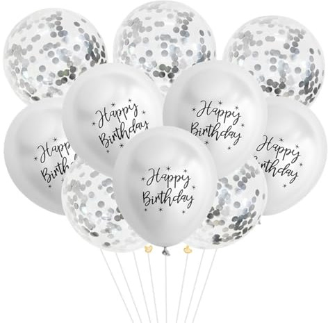 Gleemix 10 Stück Happy Birthday Ballon Silber Metallic mit Konfetti, 12 Zoll Luftballons Geburtstag, Helium Ballons Geburtstag, Luftballons Metallic Deko Party Kindergeburtstag