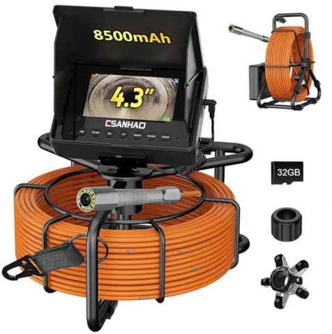 ESANHAO Telecamera per Ispezione Fognature 30M, Telecamera per tubi 4,3 con Funzione DVR, Cavo 5mm e Marcature Metriche, Endoscopio Industriale 23mm con Batteria 8500mAh, Scheda 32GB(30M con DVR)