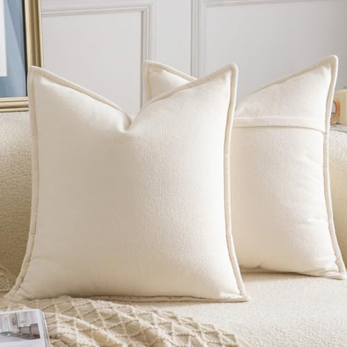 Madizz Decorative Chenille Cream Cushion Covers 45x45 cm Pack of 2 Throw Pillows for Couch Sofa Boho Accent Pillow Cases for Bed Cushion for Bedroom Living Room Modern Home Decor