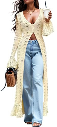 KWSTAIN Cream Lightweight Cardigans for Women 2025 Summer Autumn Trendy Elegant Bell Sleeve Flowy Crochet Knitted Thin Long Ruffle Hem Beige Maxi Dresses Knitwear (Beige,2XL)