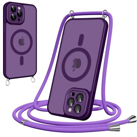 Pnakqil Cover Magnetica con Cordino per iPhone 14 Pro Max, Compatibile con MagSafe, Sottile con Laccio Collana Tracolla Regolabile AntiGraffio Case con Collana-Viola