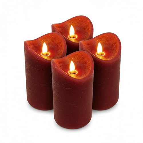 ToCi 4 velas LED de color rojo oscuro, 7,5 x 15 cm, velas de cera real, sin llama, con temporizador y llama móvil, velas con luz LED para Adviento, decoración, luz de tumba, interior