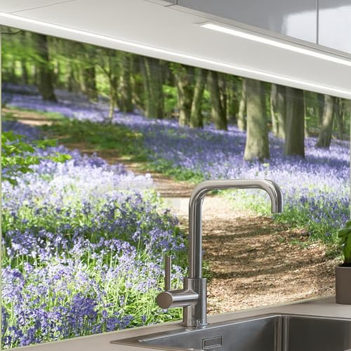 KitchenYeah© Paraschizzi Cucina Adesivo Pannello Parete Paraspruzzi per | 60x80 cm - Piano Cottura Foresta - Sentiero - Fiori - Viola - Verde - Natura