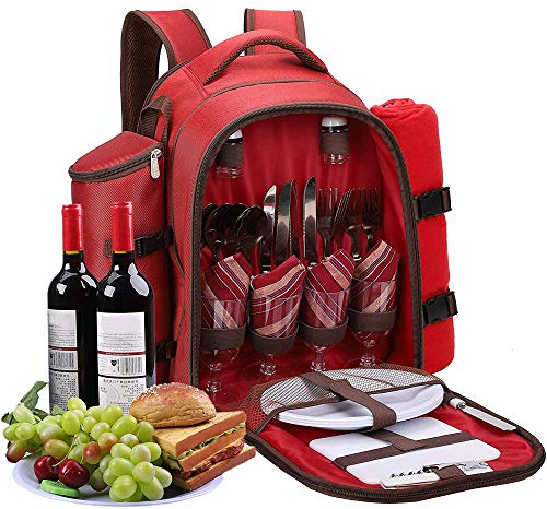 apollo walker picknickryggsäck 4 personer picknickset (set och täcke) termoväska kylväskor för camping, strand, vandring röd