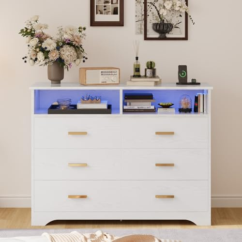 IRONCK Kommode Weiß, Komodenschrank mit LED-Lichtleiste und 2 Steckdosen, Schubladenschrank mit 6 Schubladen und 2 Fächer für Wohnzimmer, Schlafzimmer, Holz, 40 x 120 x 94.7 cm